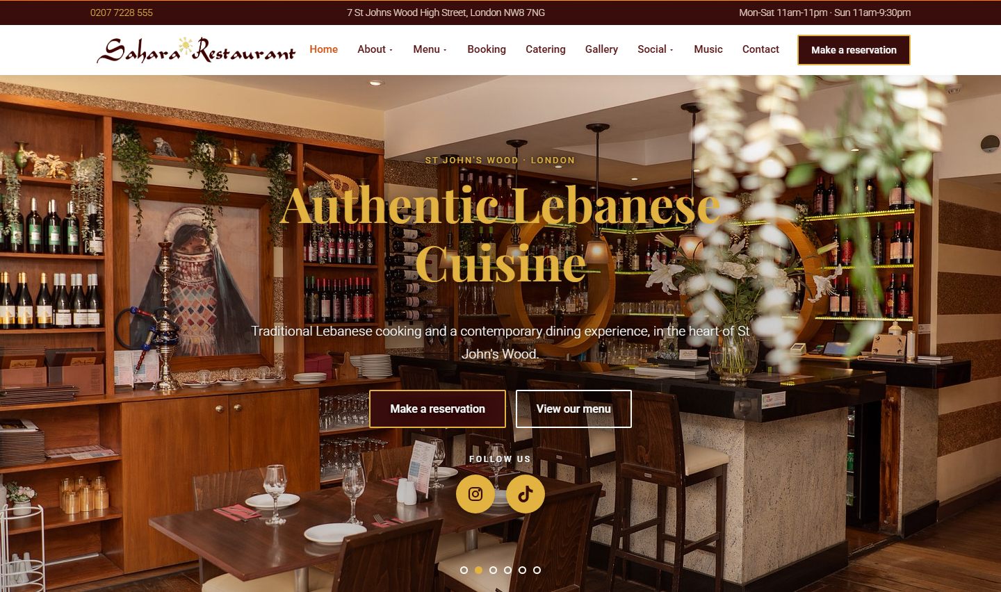 Sahara Restaurant home page: the restaurant interior behind the headline Authentic Lebanese Cuisine